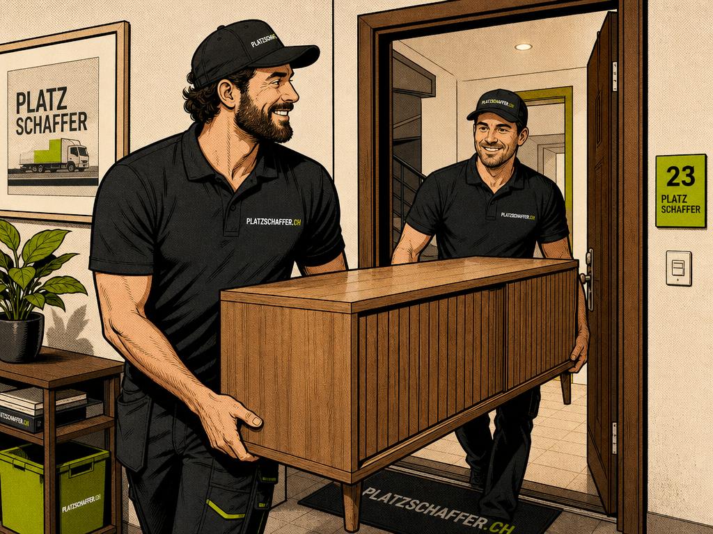 Comic-Illustration: zwei Mitarbeiter tragen ein Sideboard aus einer Wohnung