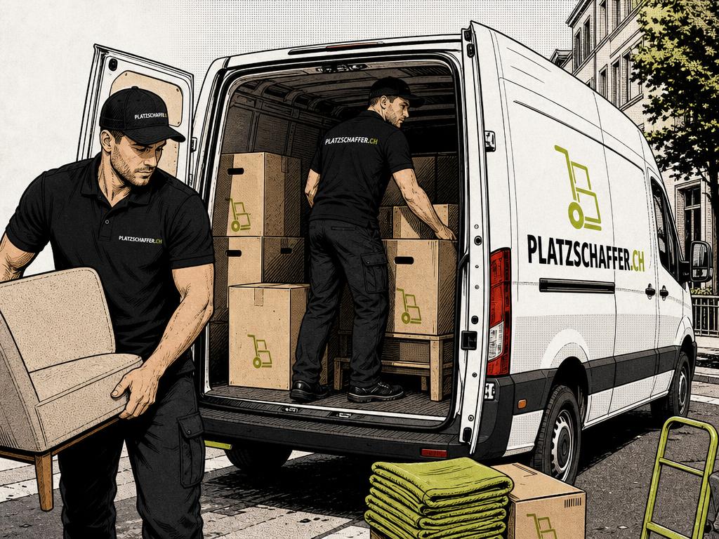 Comic-Illustration: Platzschaffer-Mitarbeiter laden Sofa und Sperrgut für eine Express-Abholung