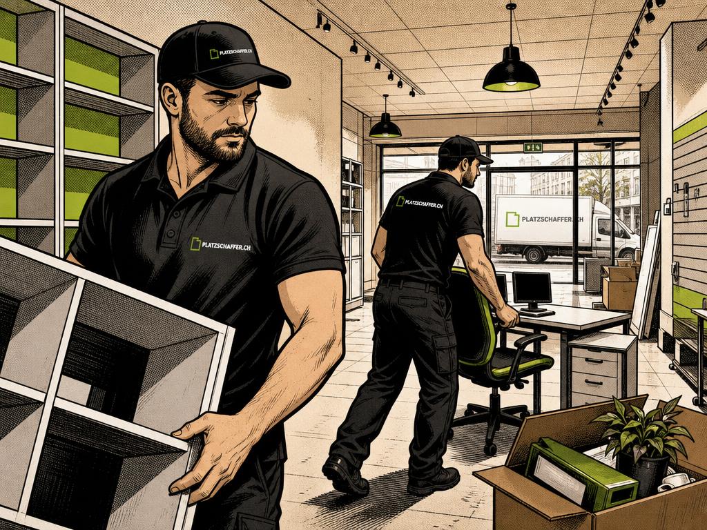 Comic-Illustration: Platzschaffer-Team räumt ein Büro und trägt Mobiliar hinaus