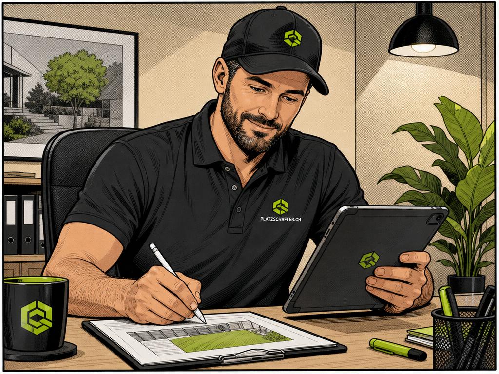 Comic-Illustration: Platzschaffer-Mitarbeiter erstellt am Tablet eine Fixpreis-Offerte