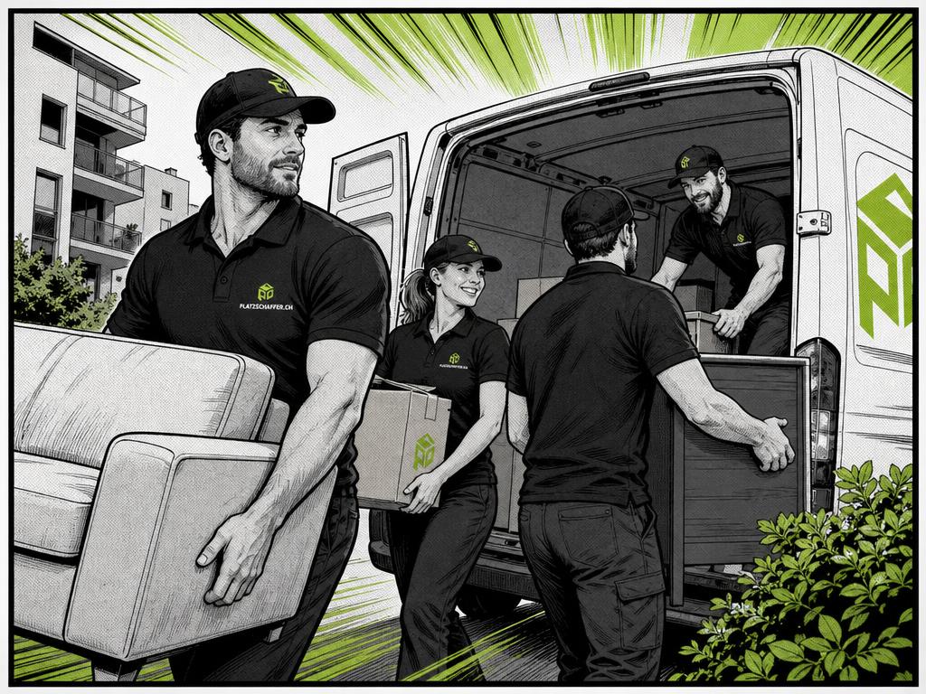 Comic-Illustration: Platzschaffer-Team trägt Möbel und Kisten zum Transporter