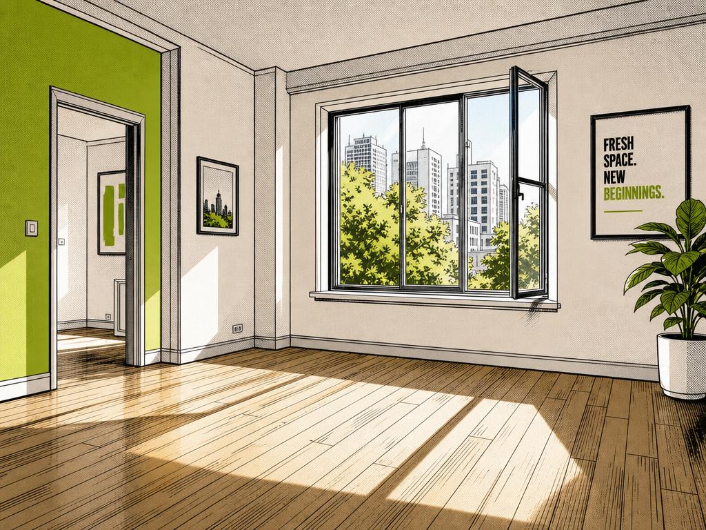 Comic-Illustration einer leer geräumten, hellen Wohnung im Aargau
